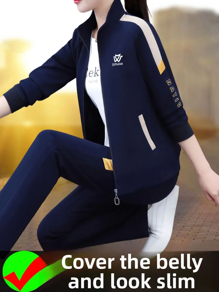 

Повседневный женский комплект из двух предметов больших размеров: футболка и брюки, весна-осень, корейский стиль, с длинными рукавами, на молнии, модный, O-образный вырез.