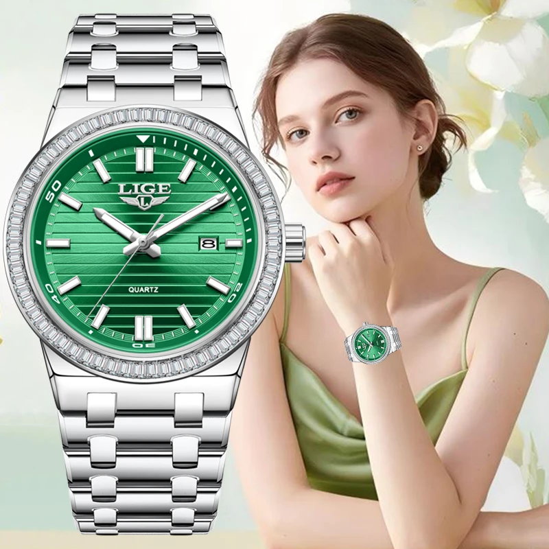 LIGE Elegant Women Watch Green Dial Crystal Bezel Quartz Bracelet Wristwatch Fashion Ladies Waterproof Watches Relogio Feminino