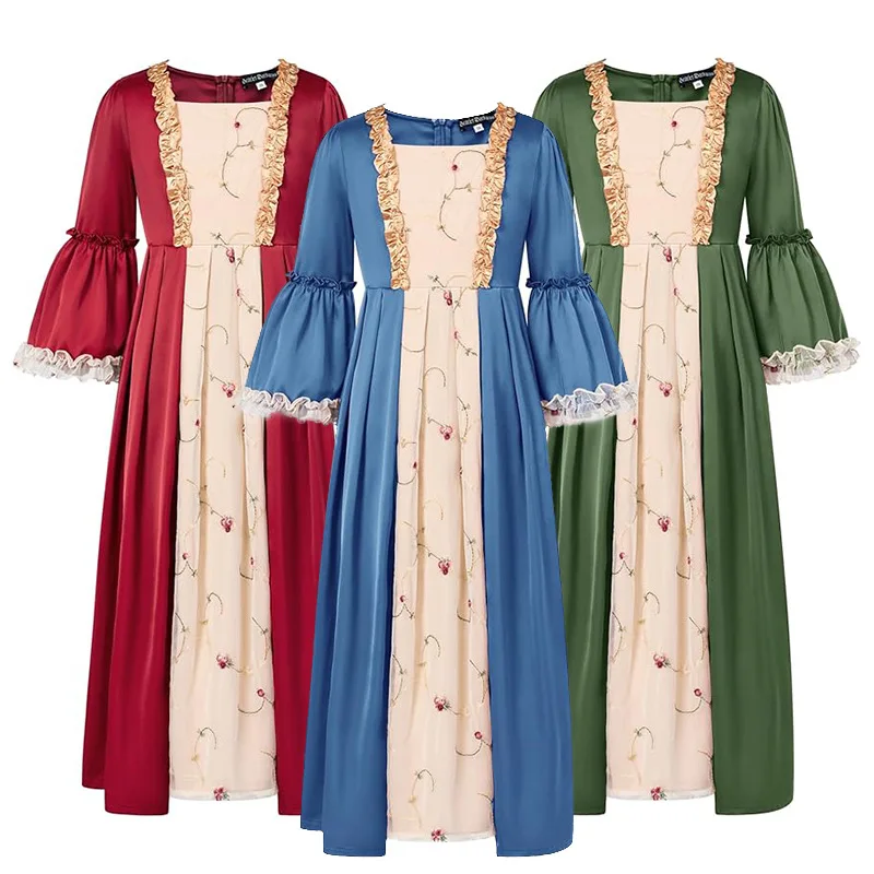 

Средневековое длинное платье в стиле ретро, Алая темная девушка в стиле Ренессанс, европейская и американская одежда, платье с длинными рукавами и цветочным принтом