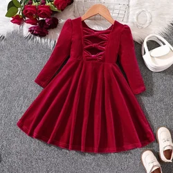 Girls Dresses Long Sleeve Princess Velvet Party Costume Autumn Winter Red Wedding Clothing Fashion Bow Kids Clothes Vestidos