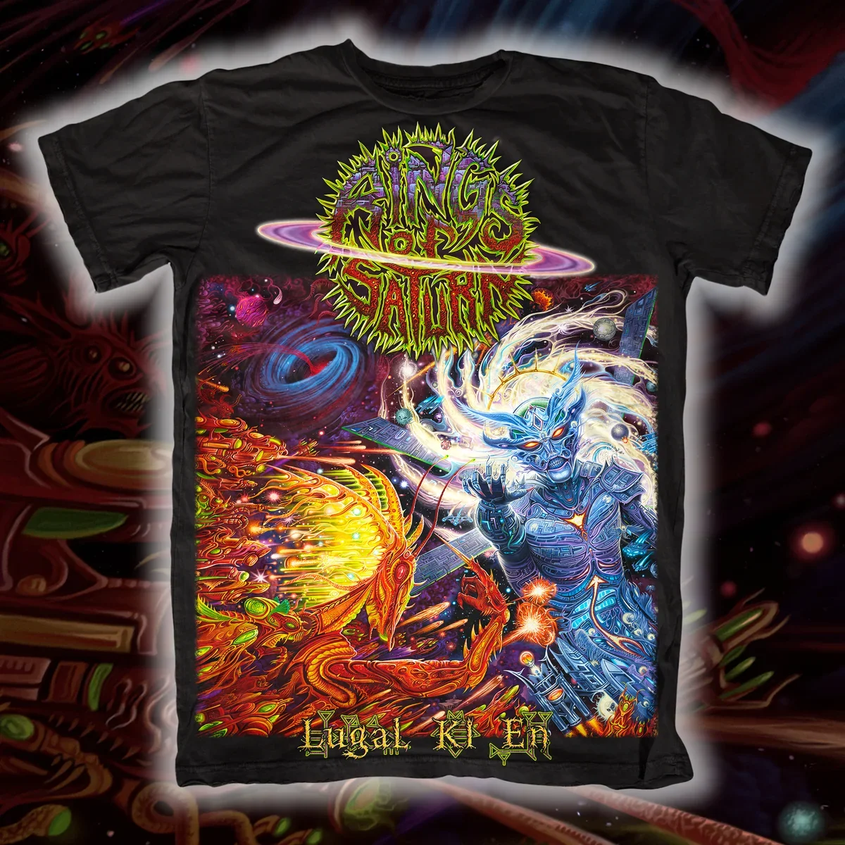 Rings of Saturn Lugal Ki En Epic Interstellar Battle Dark Death‑Metal Theme Print T‑Shirt, Equipped with Eye‑catching Full‑print