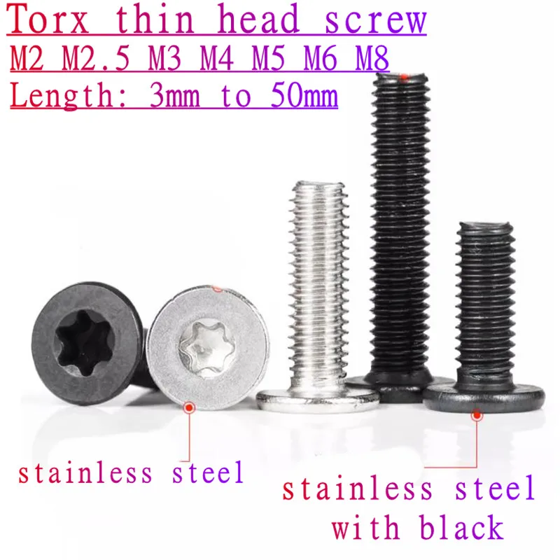 

5-50pcs CM M2 M2.5 M3 M4 M5 M6 M8 304 A2 Stainless Steel with black Zinc Six-Lobe Torx Ultra Thin Flat Wafer Head Screw Bolt