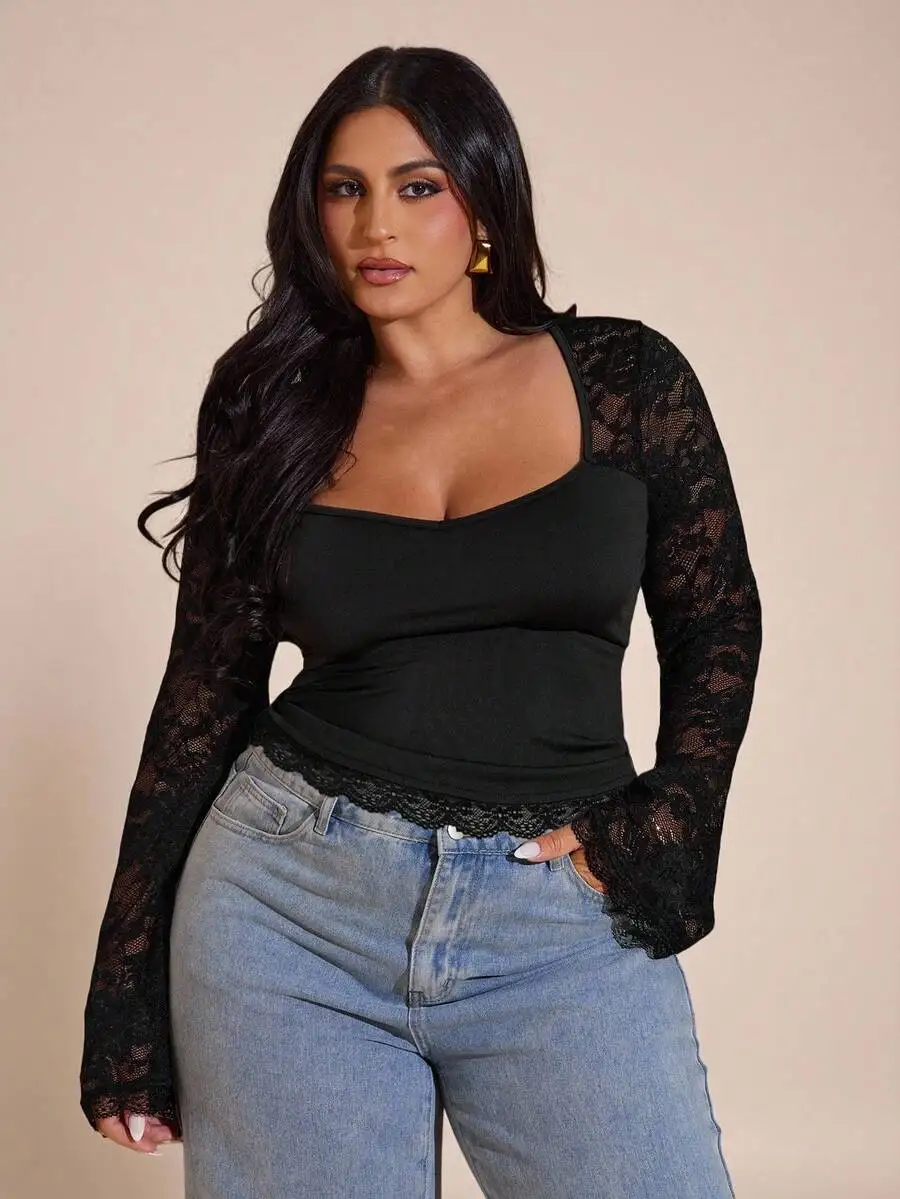 

Женская блузка больших размеров с кружевными длинными рукавами и прозрачными вставками, сексуальная блузка с V-образным вырезом на День святого Валентина