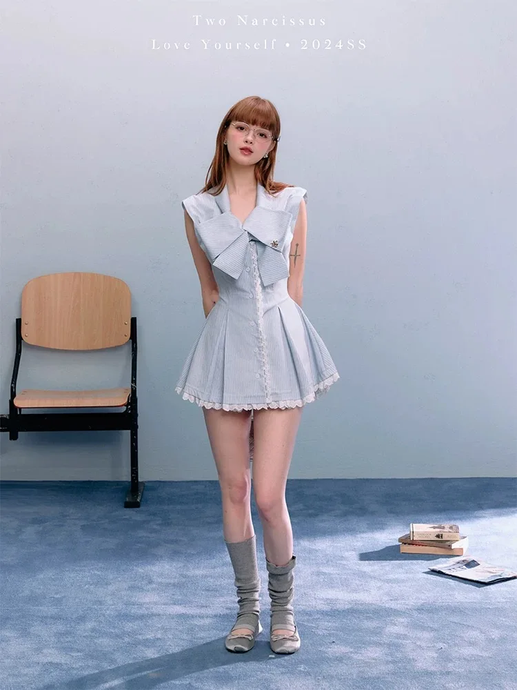 

College Style Bow Tie Shirt Dress With Lace Design And Waist Cinching Striped Skirt