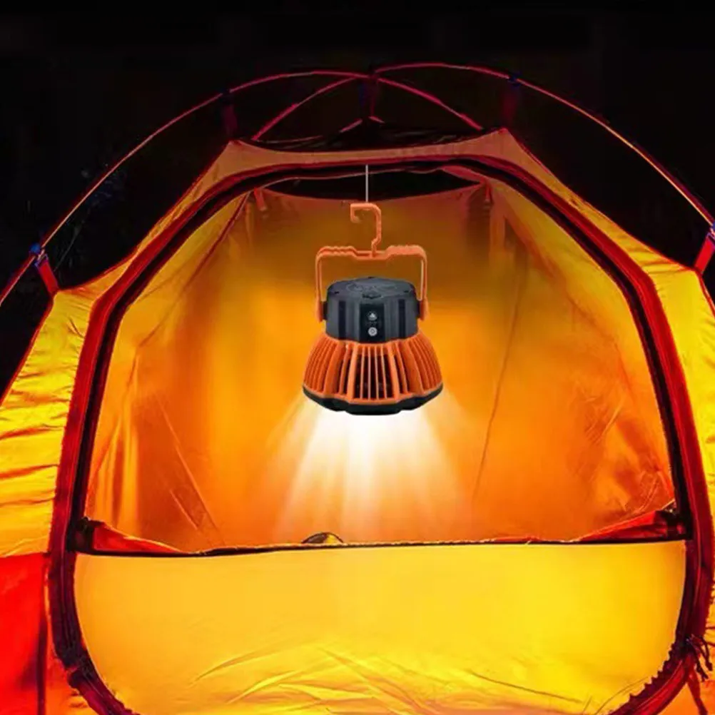 

Вращающийся походный вентилятор с теплым белым светодиодным светом, перезаряжаемый, со встроенным USB, совместимый с автомобилем, уличный фонарь для палатки