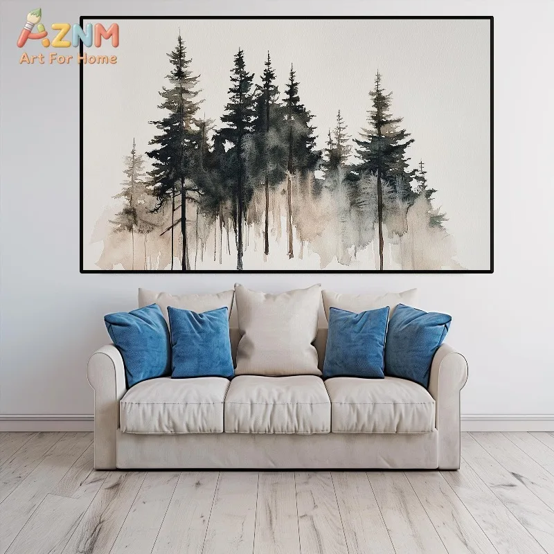 AZNM Watercolor Autumn Forest Landscape Canvas Wall Art, Boho Neutral Birch Tree Print, Frameless Minimalist Nature Scenery Home