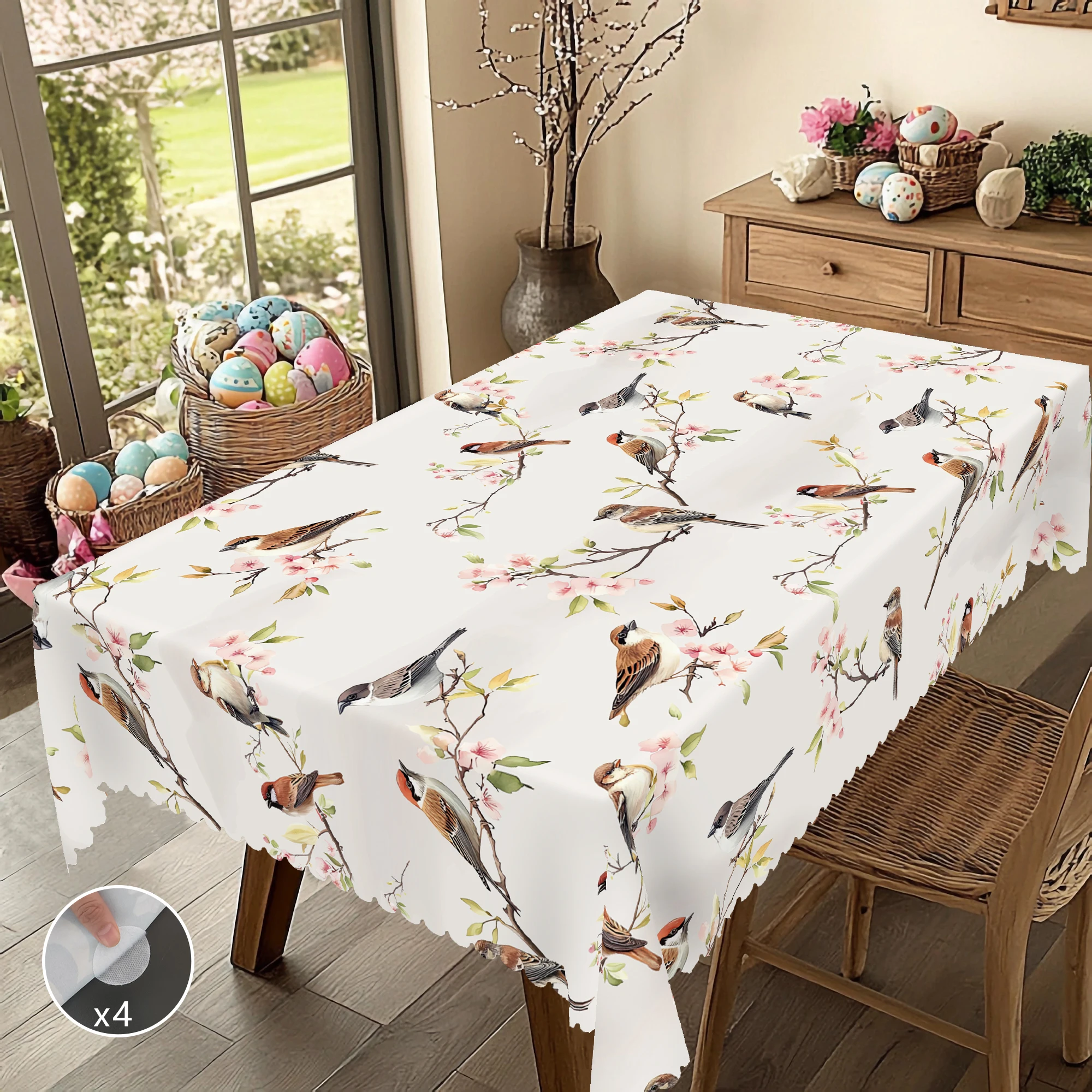 1 Piece of Spring-Themed Floral and Bird-Themed Tablecloth in Round and Rectangular Shapes, Available in Various Sizes, Featuring Lively Sparrows Perching on Branches Adorned with Delicate Pink Peach Blossoms, Paired with a Printed Tablecloth Featuring Full Branches and Flowers, with Embossed Edges, Suitable for Family Gatherings, Patio Gardens, and as a Pastoral Home Decor Item for All Seasons