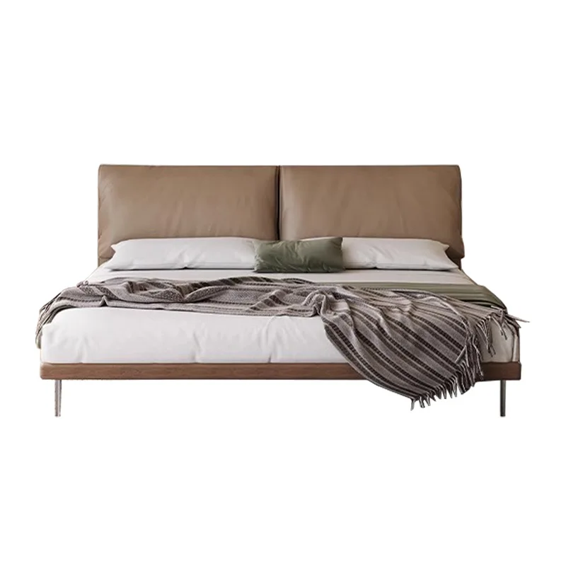 

Elephant ear leather bed, Italian minimalist master bedroom, retro solid wood soft bag, modern minimalist flush edge bed with