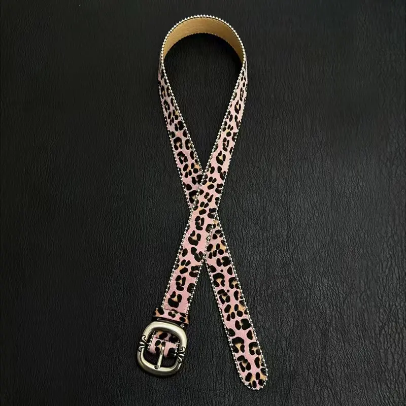 Y2K Millennium Style Suede Leopard Print Belt with Vintage Distressed Buckle Jagged Edge Decorative Trim Subculture Accessories