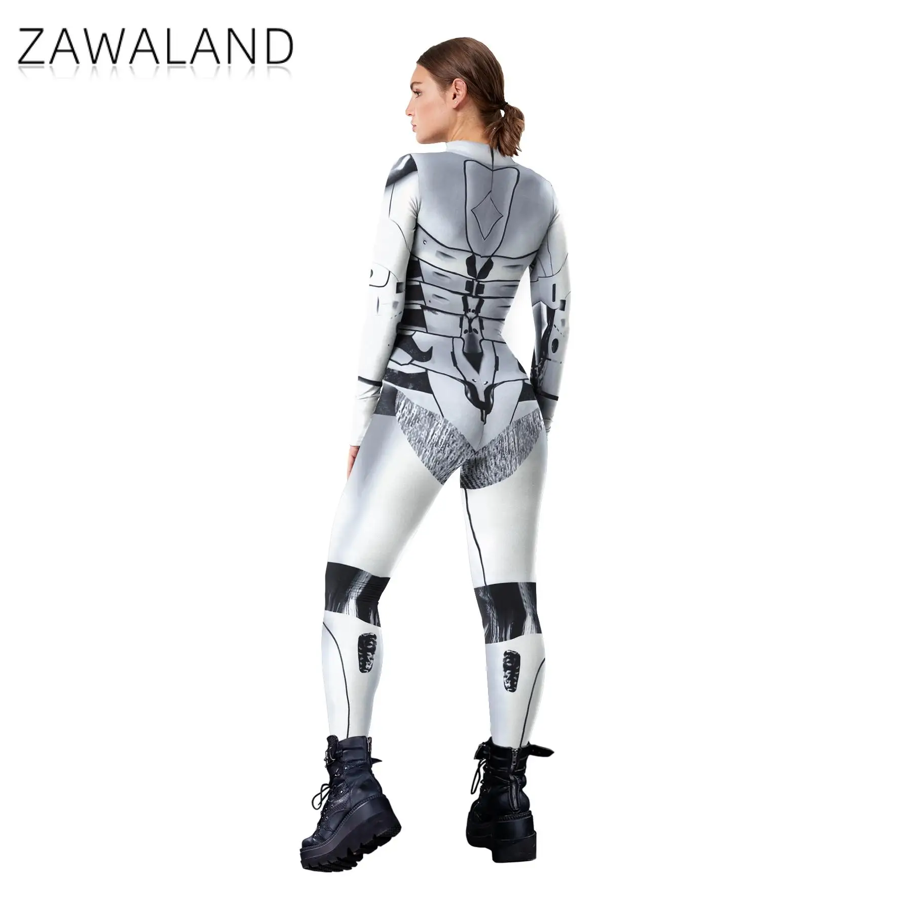 Zawaland Mechanical Skeleton Print Costumes Halloween Punk Jumpsuit Zentai Party Bodysuit Cosplay Women Festival Party Clothes