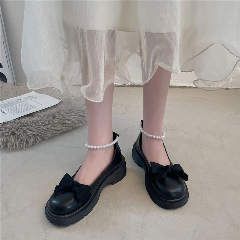 Women Thick Platform Mary Janes Lolita Shoes Party Pumps Summer 2024 New Sandals Bow Chain Mujer Shoes Fashion Oxford Zapatos