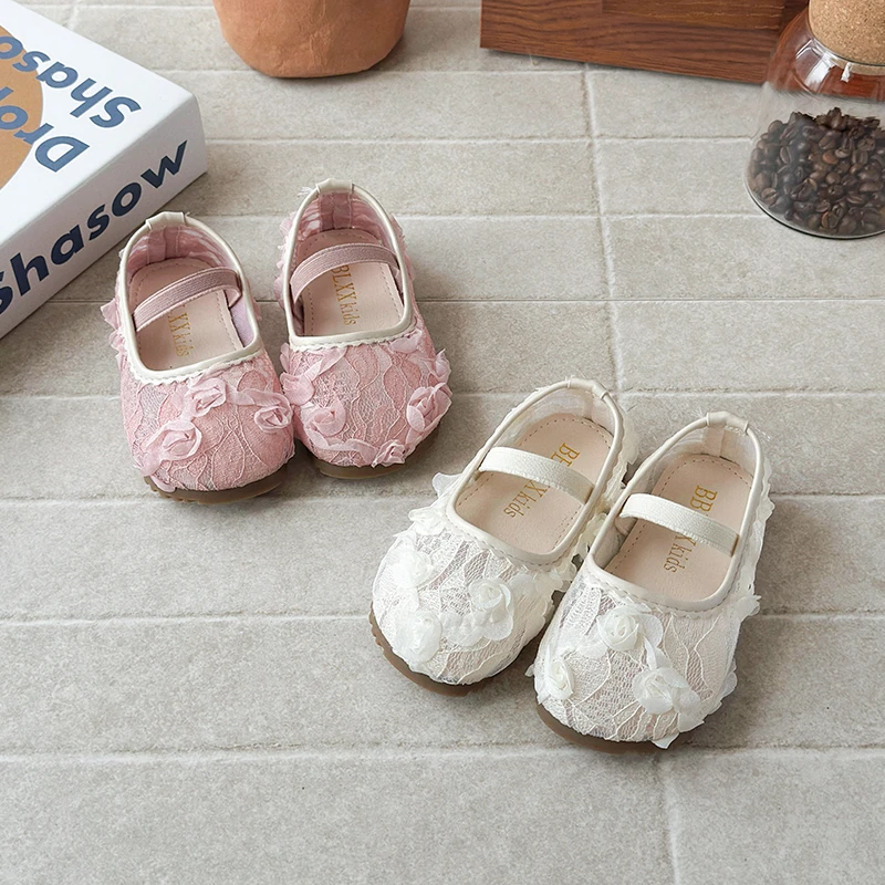 

2026 New Girls Flat Shoes Floral Lace Sweet Children Mary Jane Shoes Breathable School Causal Kids Fashion Dress Princess Shoes