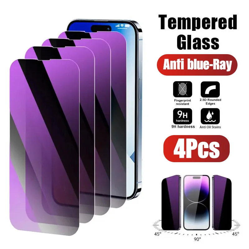 4er-Set Panzerglas Blickschutzfolien mit Lila-Lichtfilter für iPhone 17 16 15 14 13 12 11 Pro Max Plus Air 16e 13mini