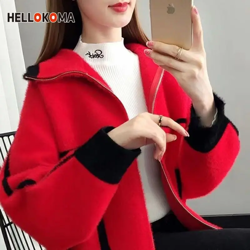 Mink-like Fashion Short Coat Female 2024 Autumn And Winter New Loose Knit Cardigan Korean Joker Woolen Coat Female.