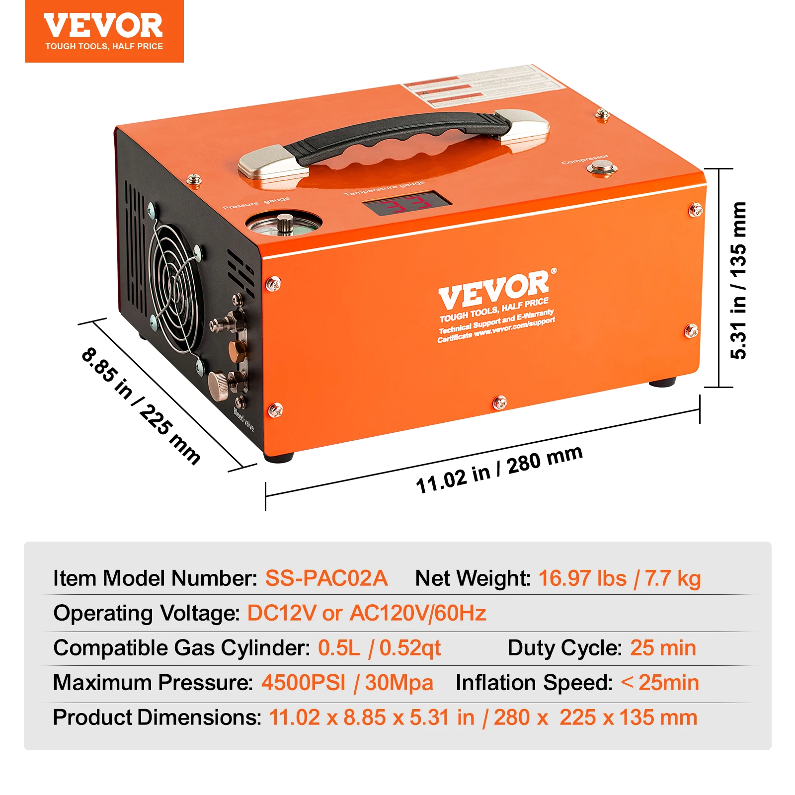 SucceBuy PCP Luchtcompressor 4500PSI Draagbare PCP Luchtbukscompressor Auto-Stop Olievrije Pomp voor Luchtgeweer Duikfles