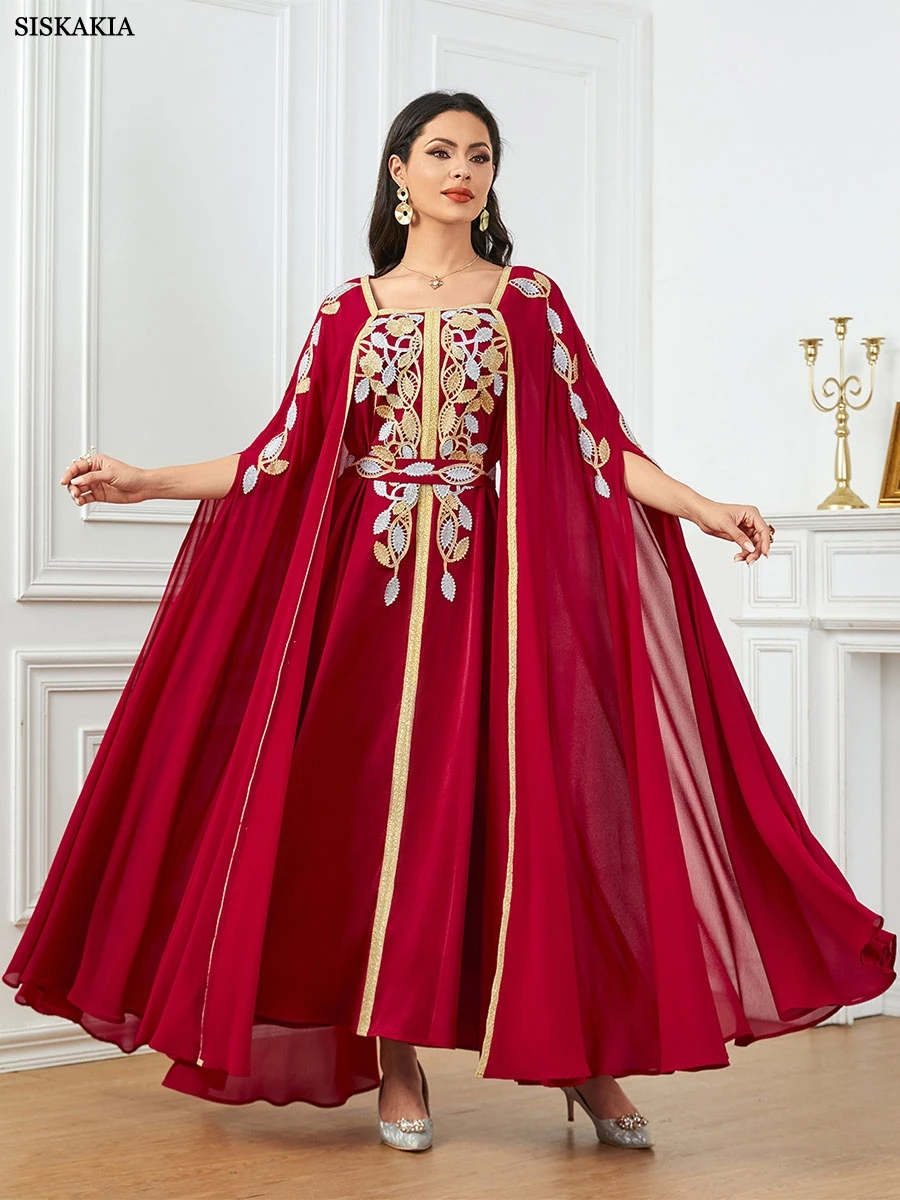 Siskakia Arab Dubai Super Full Sleeves Long Dress With Belt Muslim Woman Abaya Square Collar Loose Moroccan Saudi Appliques Robe