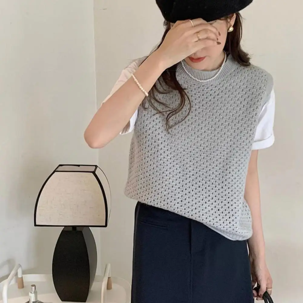 Chaleco ahuecado para mujer, camiseta sin mangas de punto de estilo japonés elegante, suéter de cuello redondo con diseño de punto hueco elástico