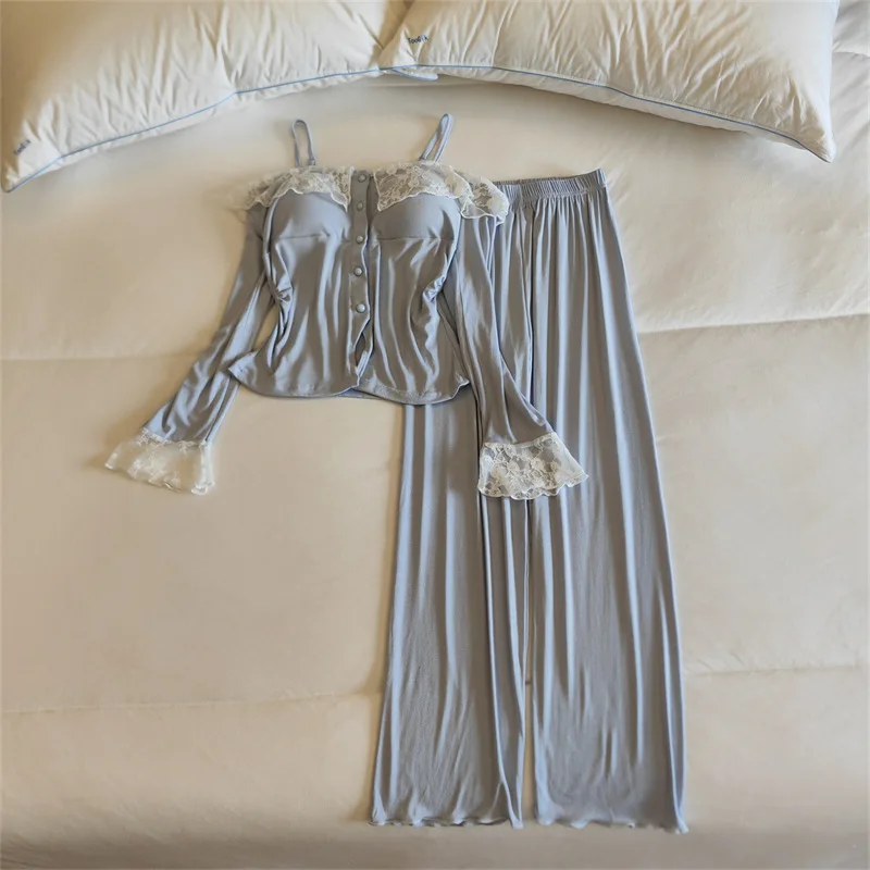 Pijamas Sexy Mujer Korean Chest Pad Modal Women's Pajamas Set Long Sleeve Winter Autumn Sleepwear 2 Piece Woman Home Suit - view 3