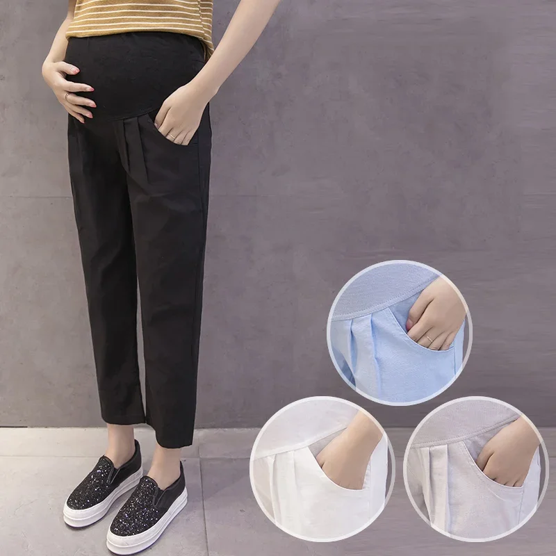 Maternity Pants Summer Casual Cotton Slim  Loose Comfy Belly Support  Elastic Waist Mom Trousers Pregnancy Clothes