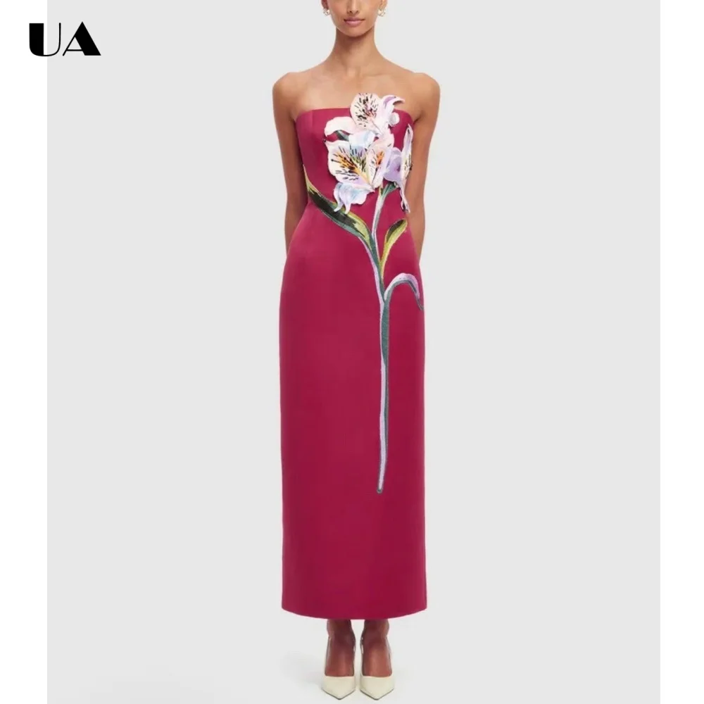 

Fashionable Embroidered 3D Flower Evening Dresses for Women, Elegant Strapless Slit Long Dress, Vinatge Sleeveless Prom Dress