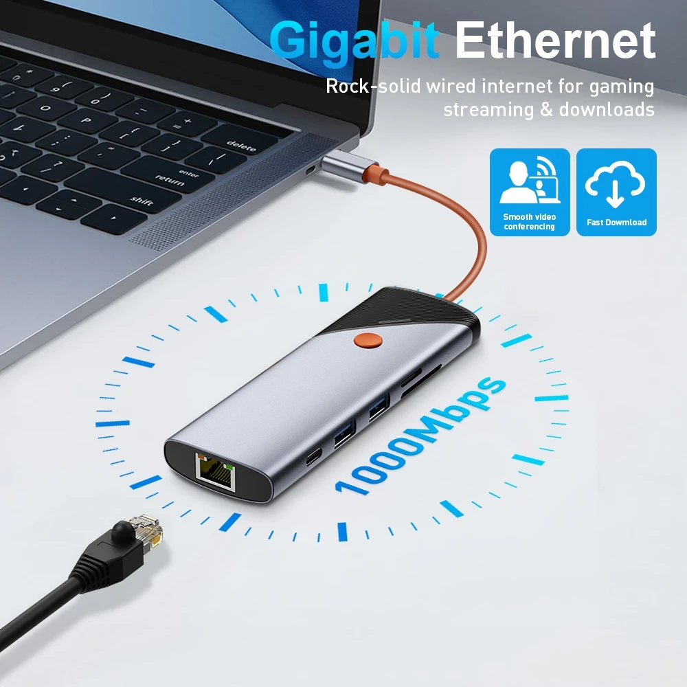 9-in-1 USB C Hub 2x 4K60Hz HDTV Gigabit Ethernet 2x USB 3.0 USB-C 2.0 PD SD/TF Reader One-Tap Screen Off Universal for Laptop