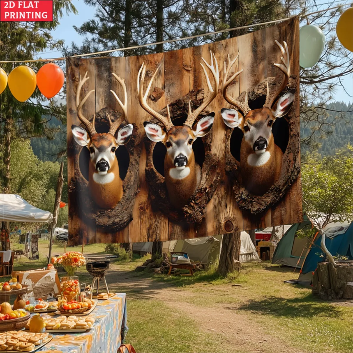 Deer Heads Wooden Wall Tapestry Hunting Decor For Living Room Bedroom Rustic Cabin Animal Mount Style Hanging Tapestry