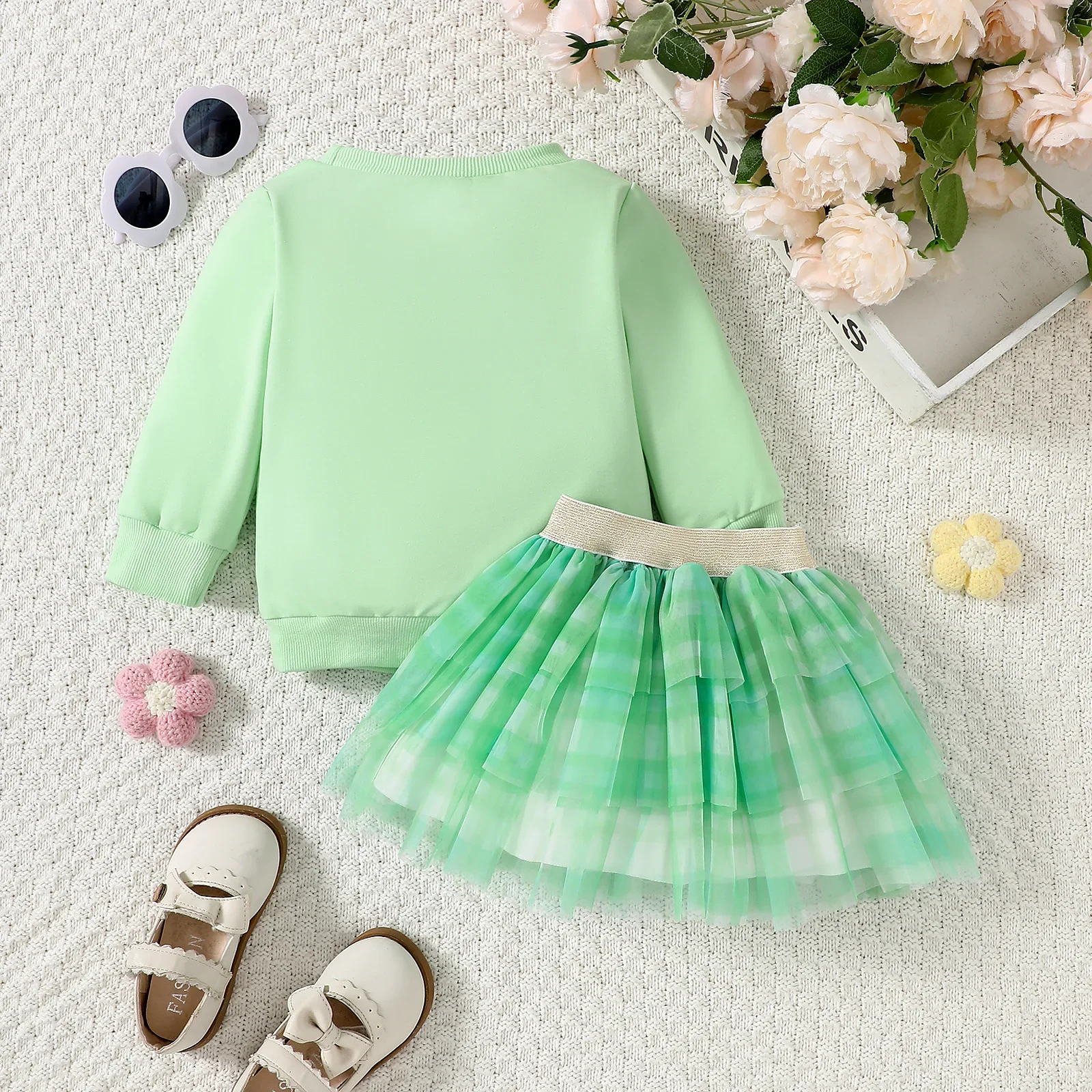 St. Patrick's Day Baby Girls Clothes Toddler Girls Embroidery Hoodie AndGreen Mesh Skirt Baby Girls Clothing Set