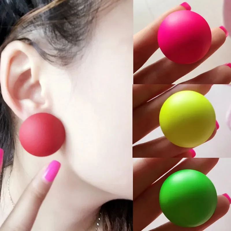 Multicolor Semi Big Ball Stud Earrings Fluorescent Hemisphere Round Boucle D'oreille Boule Pendientes Bola