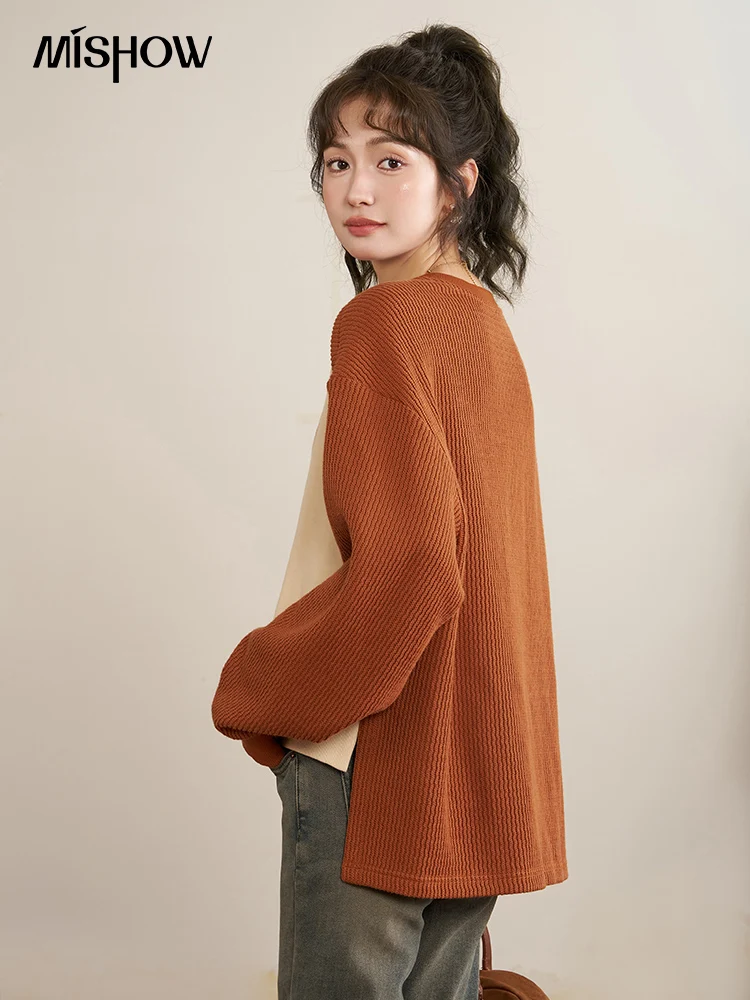 MISHOW Letter Print Corduroy Oversized Sweatshirt Autumn Winter O-Neck Long Sleeve Contrast Color Pullover Tops MXC54V0047