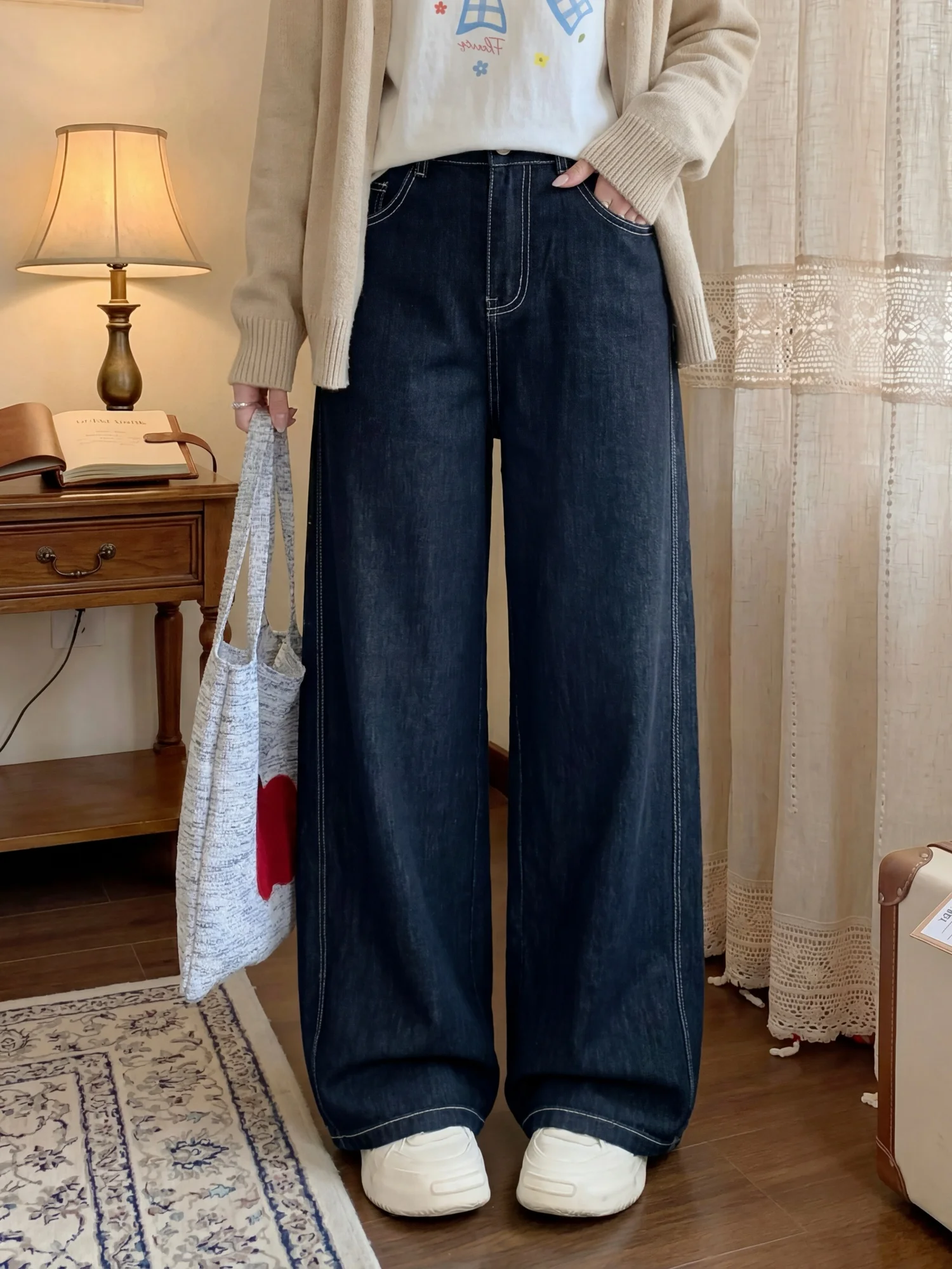 

Женские свободные длинные брюки больших размеров, весенняя новинка, в стиле кэжуал, утепленные, скрывающие недостатки фигуры, стройнящие, хлопковые, с высокой талией, широкие штанины