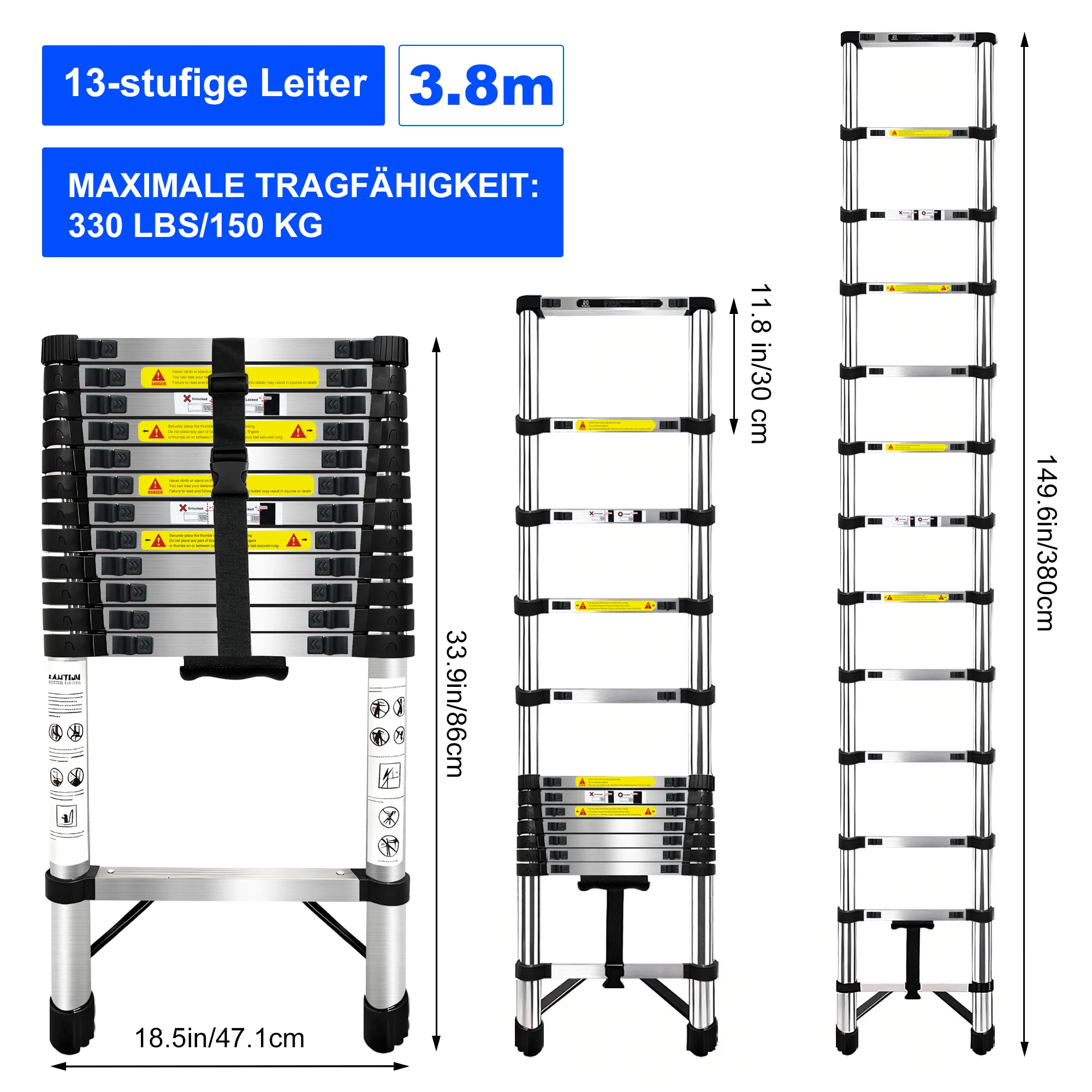 BRSTHECO 2,6/3,2/3,8/4,4/5,1/6,3 m telescopische roestvrijstalen ladders, opvouwbaar, capaciteit van 150 kg, kamerdecoratie