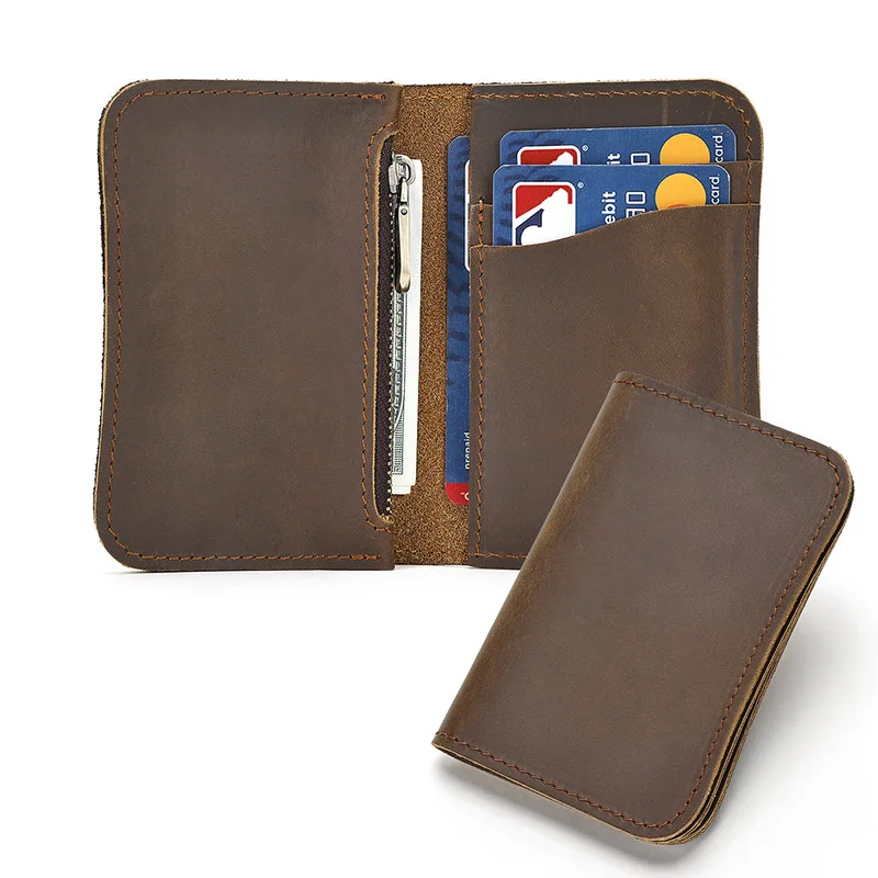 Vintage Crazy Horse Leather Short Zipper Coin Purse Double-Fold Card Holder Walletcard holder wallet Retro Card Box Card pack