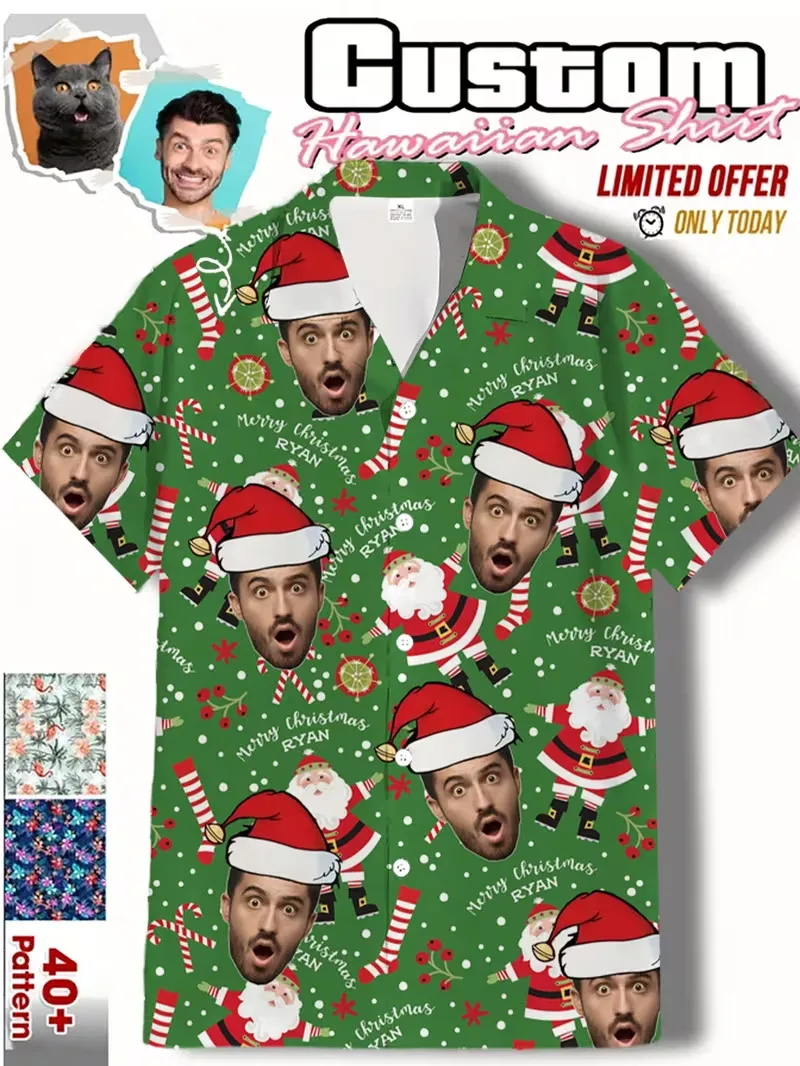 Custom Face Personalized Photo Hawaiian Shirt Men Santa Hat Christmas Pattern Xmas Party Short Sleeve Button beach Shirt