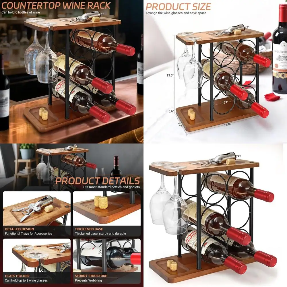 

Countertop Wine Rack with Tray for 6 Bottles and 2 Glasses - Ideal for Kitchen, Bar, Table, Cabinet, and Wine Cellar