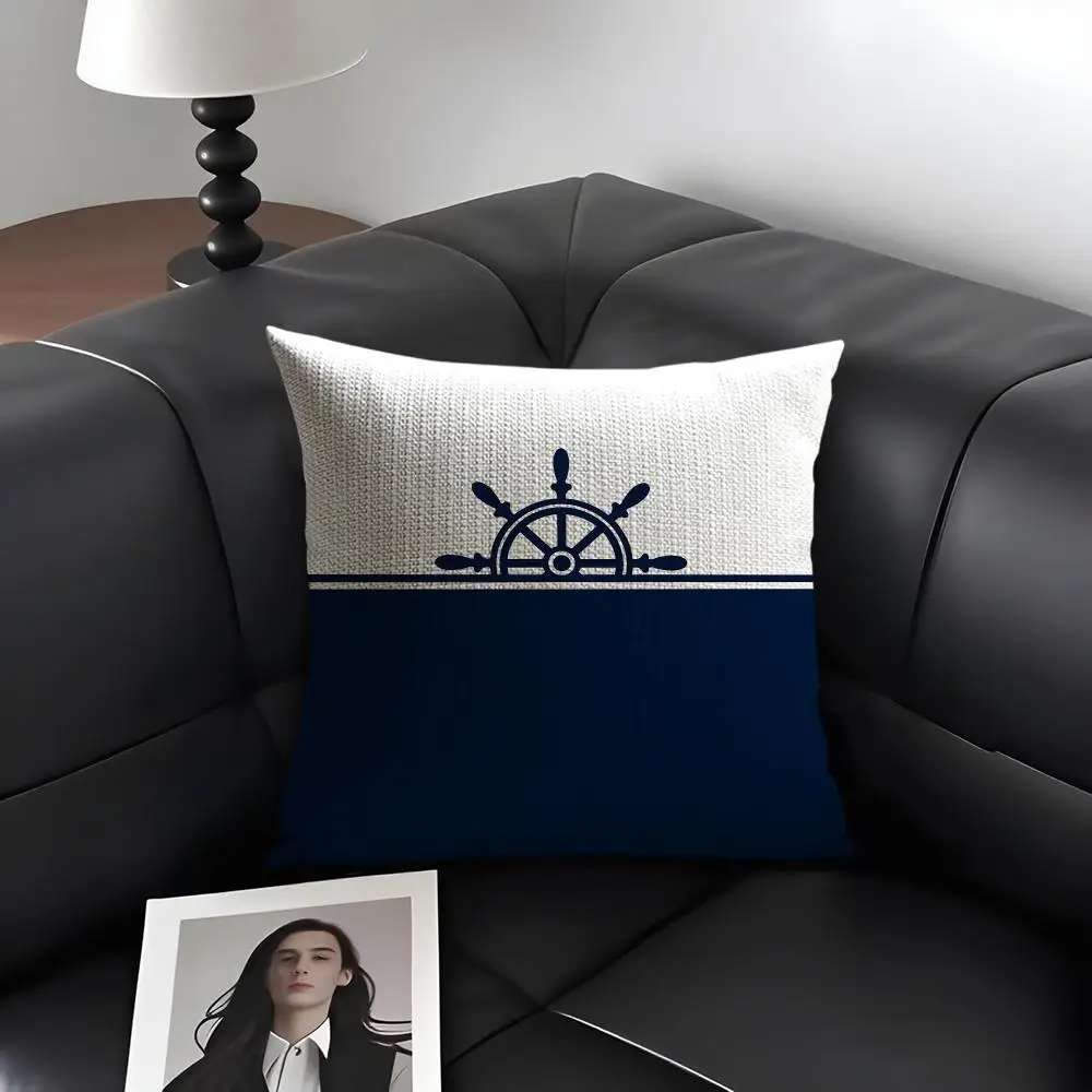 Home Decor Compass Anchor Cushion Cover Natural Linen Organic Fabric Double-Sided Printing Breathable Perfect Gift For Decor