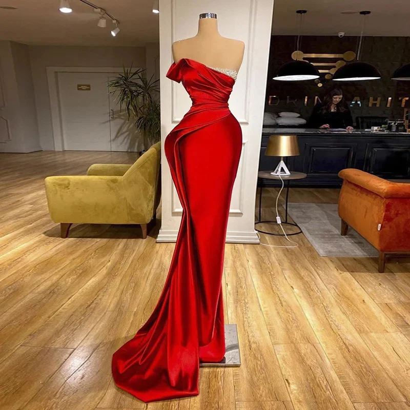 Evening Dresses Long 2024 Red Mermaid Elegant Women Satin Court Train Formal Occasion Luxury Prom Gown Party Dress Sexy Pearl