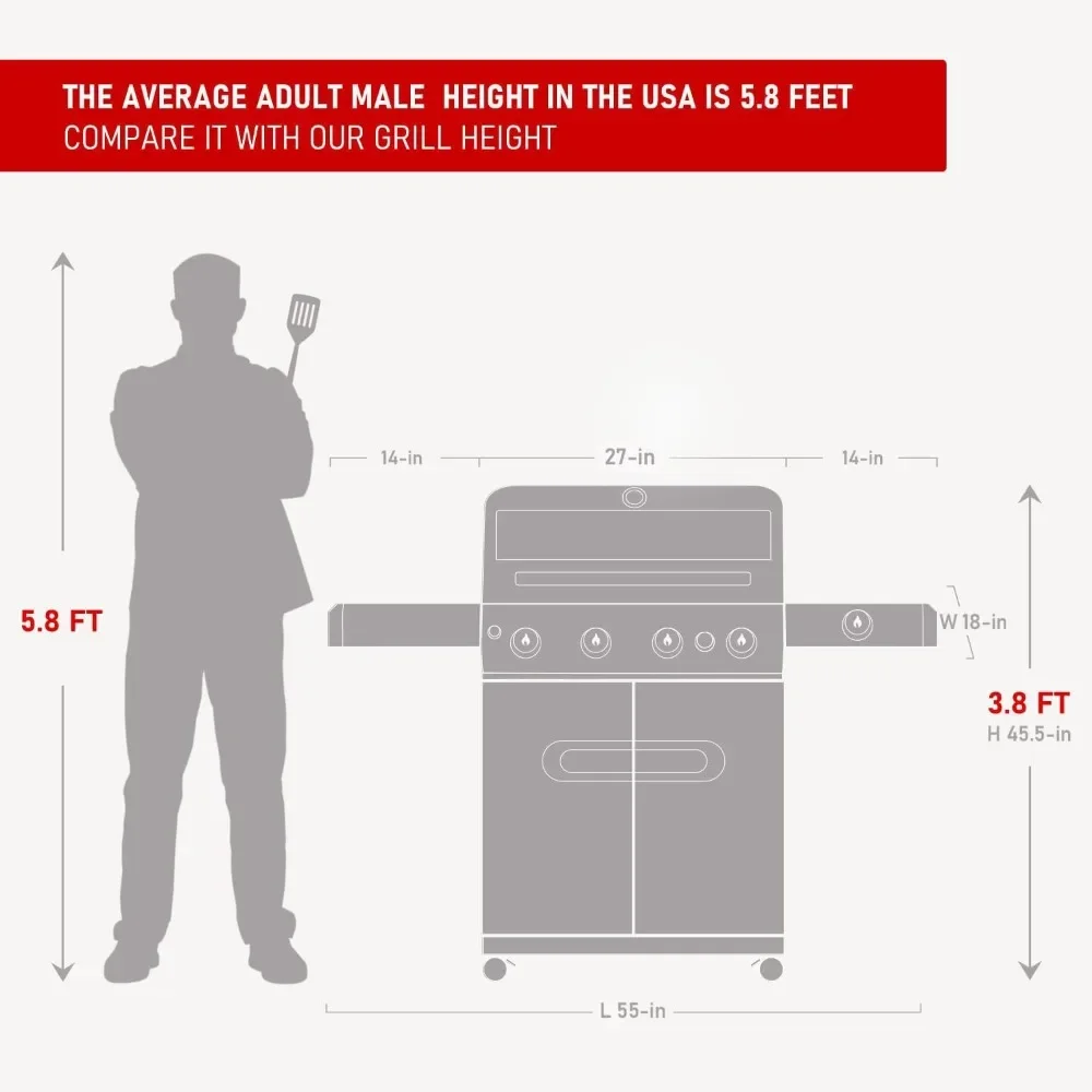 Stainless Steel 4 Burner Propane Gas Grill, 62,000 BTU Patio Garden Barbecue Grill with Side Burner and LED Controls