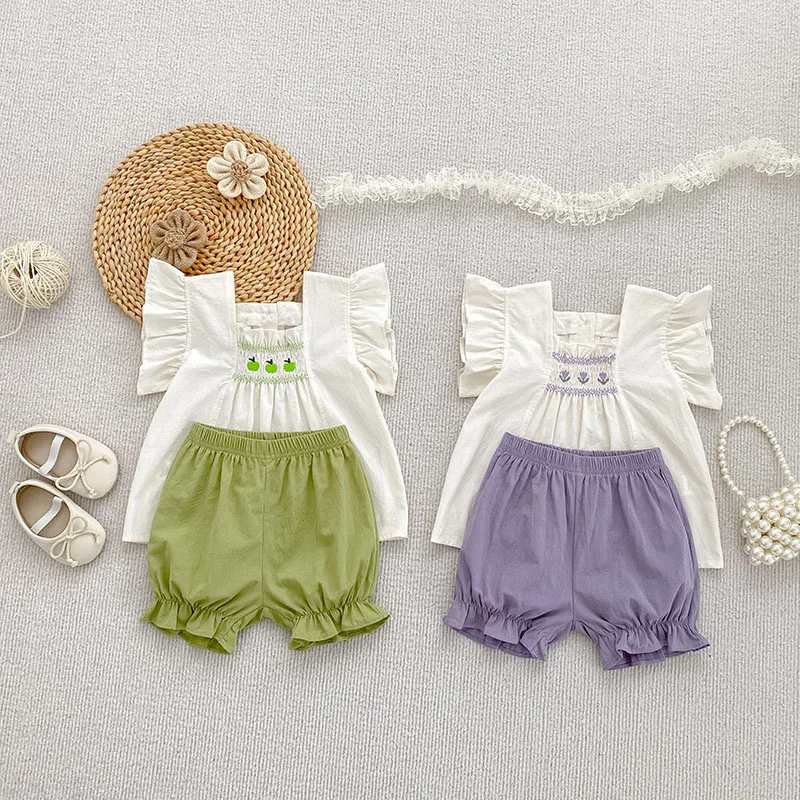 

MILANCEL New Summer Baby Clothes Set 0-24M Cute Embroidery Flower Girls Shirt +Shorts Toddler Thin Comfortable Outfit 2PCS