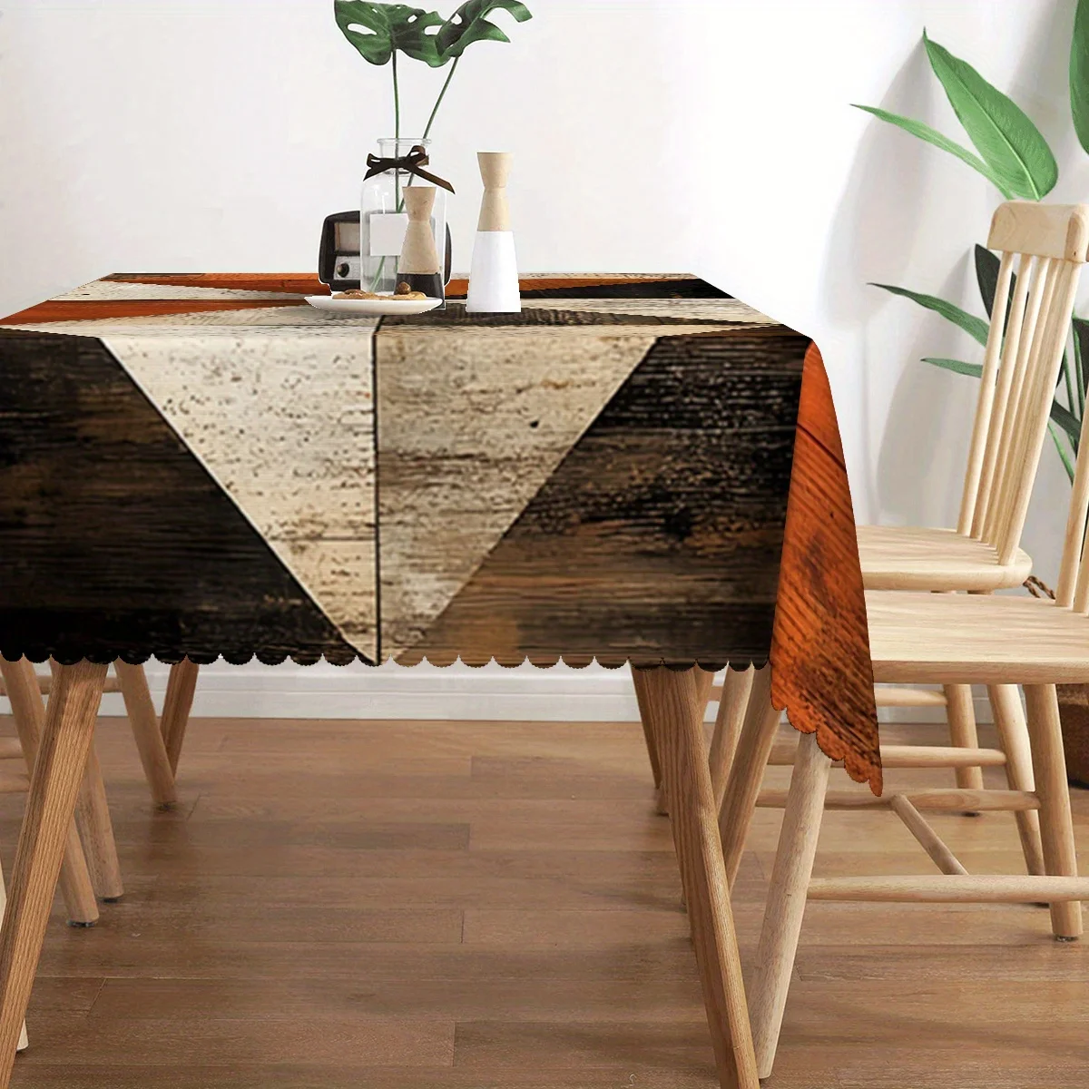JIT, 1pc Retro Patchwork Wood Grain Rectangular Tablecloth, with Fan-shaped Edge Polyester Fiberzyc