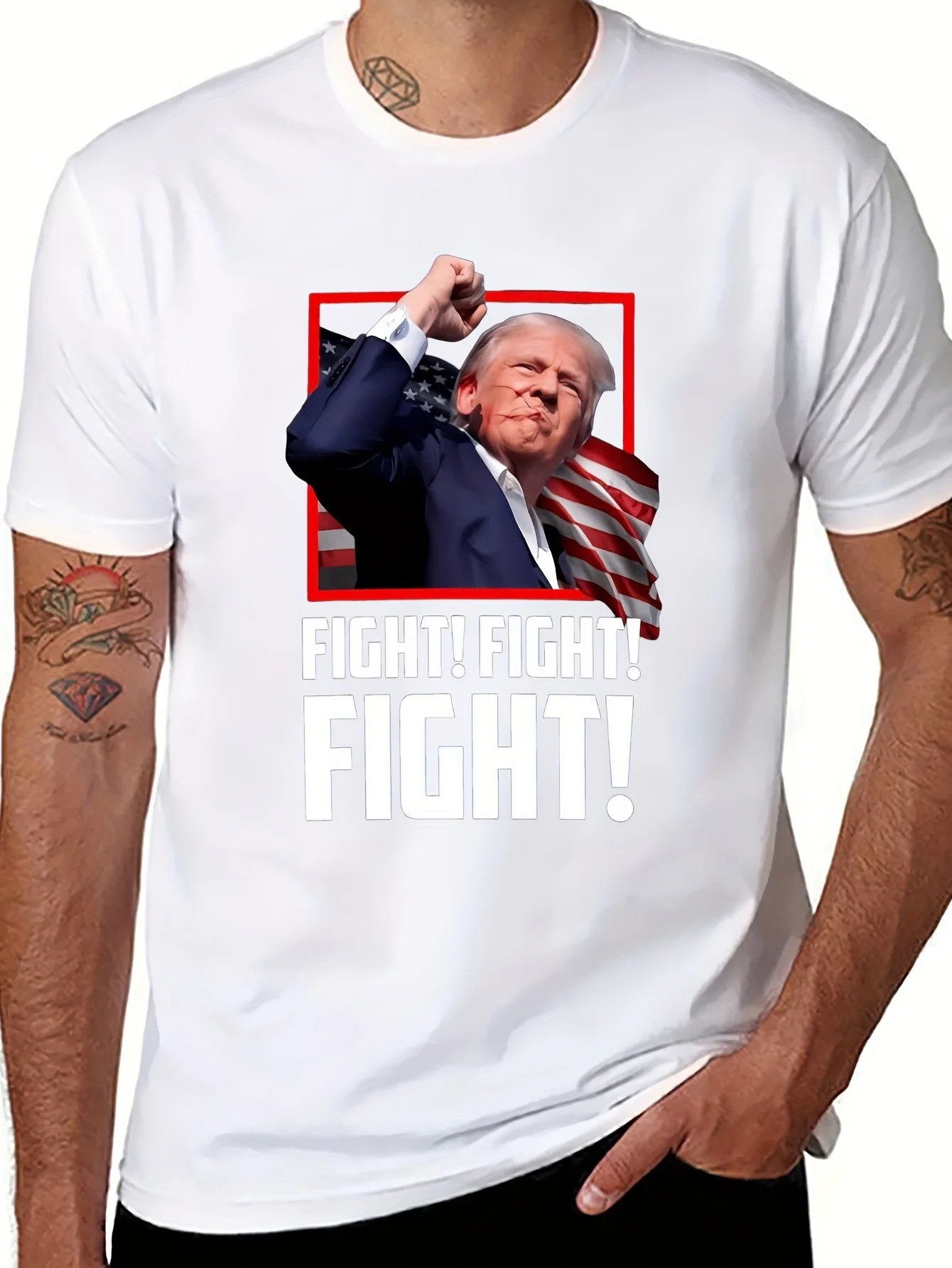 Comfortable and Breathable,Causal Soft and Stretchy Crew Neck Top Mens Donald Trump Fighting  Print Men's Solid Color