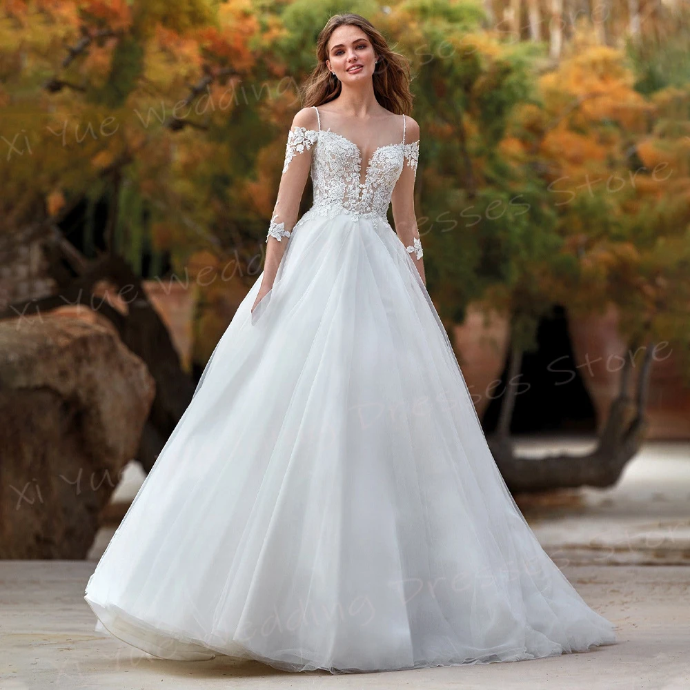 Vestidos de casamento fashion para mulheres, vestidos de noiva bonitos com renda, fora do ombro, meia manga, novo