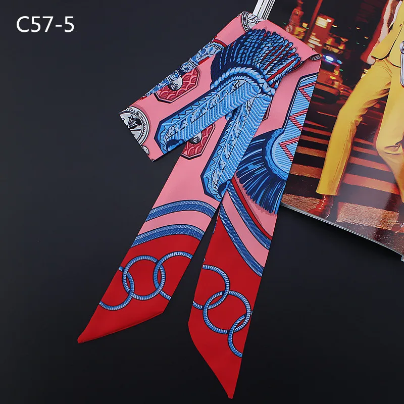 New Feather Fan Print Silk Scarf For Women Scarf Bag Ribbons Fashion Brand Head Scarf Small Long Scarves C57