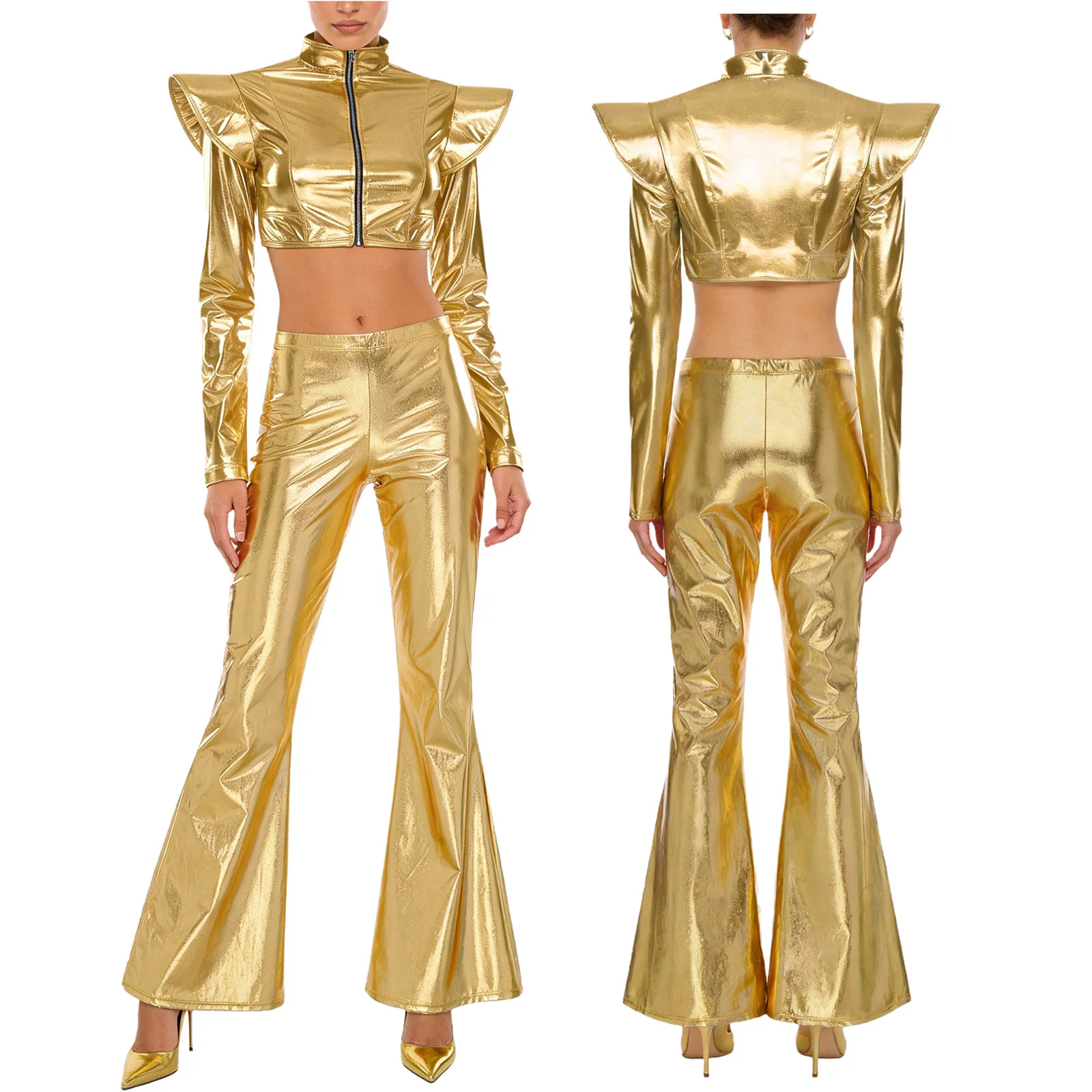 

Women 2 Pieces Jazz Disco Party Club Waltz Performance Outfit Long Sleeve Crop Top And Flared Pants for Rock Music Festival