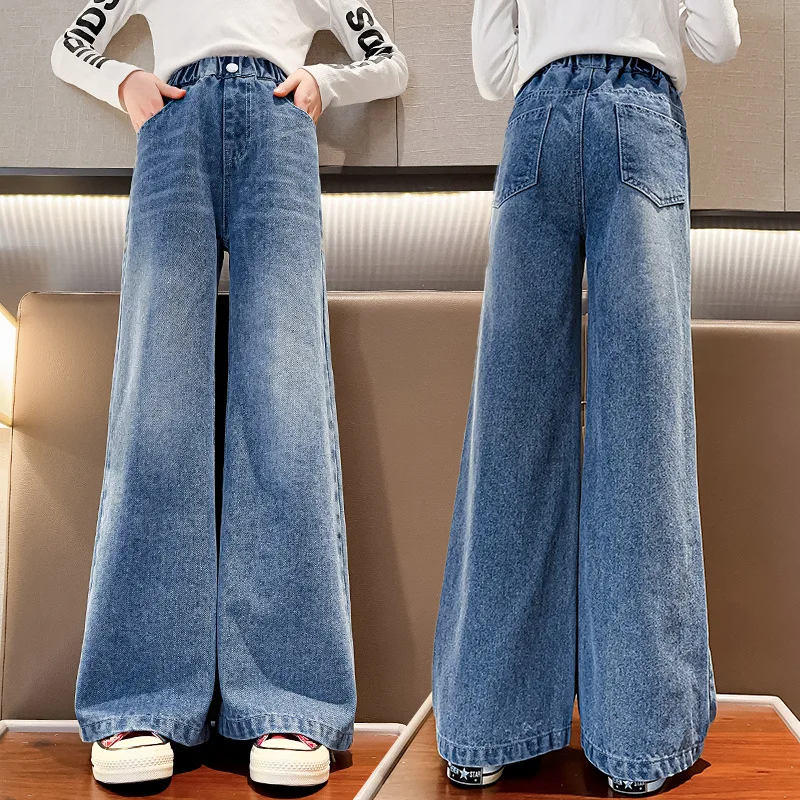 Girls Denim Pants Ripped Retro Style Jeans for Spring Autumn Children Elastic Waist Wide Leg Pants Kids Casual Trousers 5-14Year