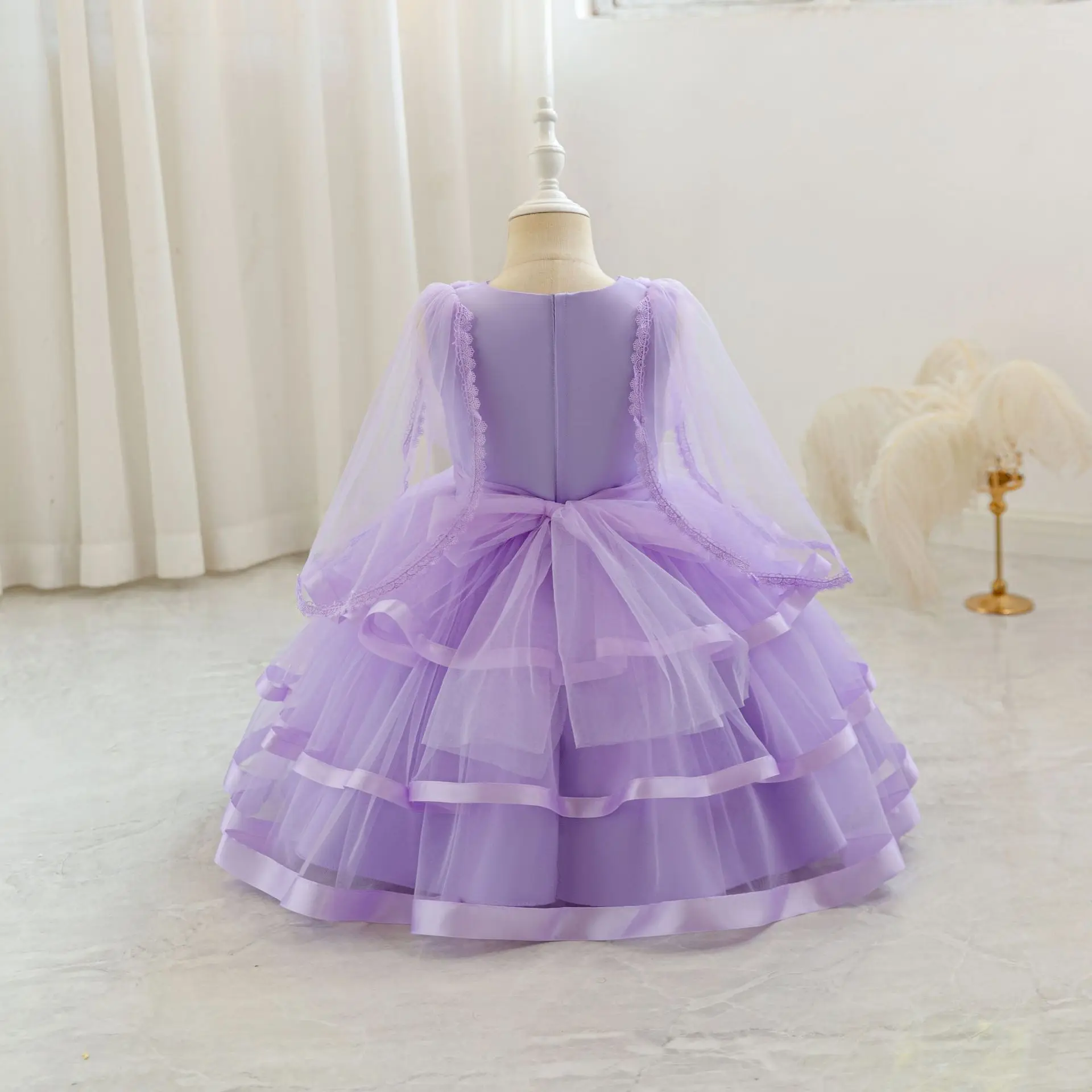 HETISO Birthday Layered Dress For Kids Long Sleeve Girls Tulle Princess Ball Gown Pearls Belt Children's Formal Costume