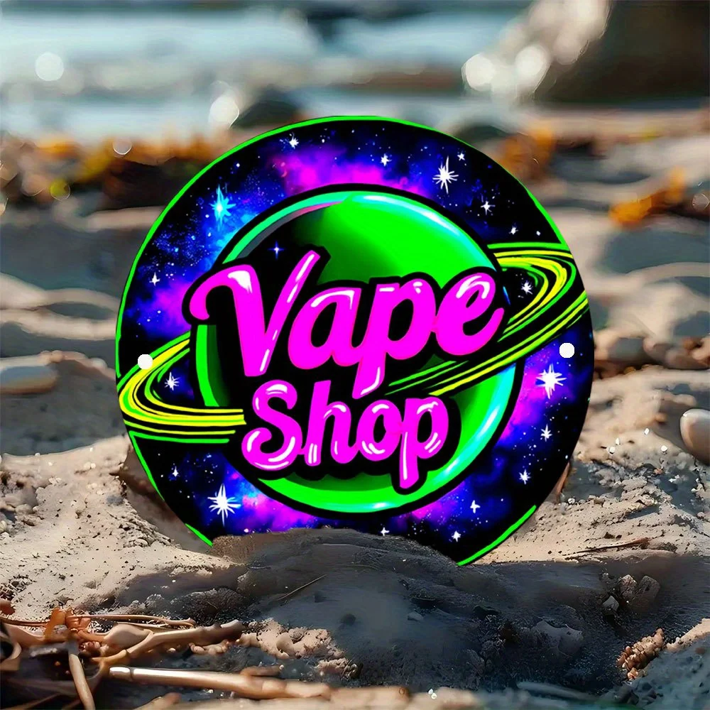 2D Flat Printing 1pc Metal Sign VAPE SHOP Neon Sign - 20cm Round, Vibrant Cosmic Design with Planet & Stars, Durable Indoor