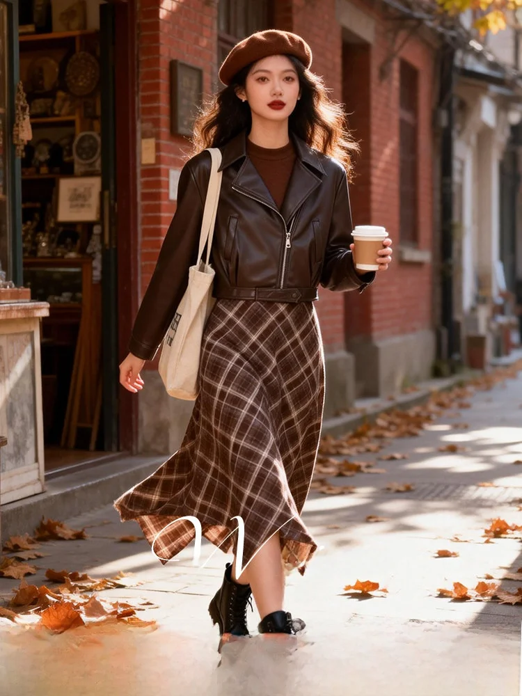 

Faionable Large Size Women's Outfit Spring 2026 Two-Piece Set Sli Leather Jaet And Skirt Casual Polyester Fiber