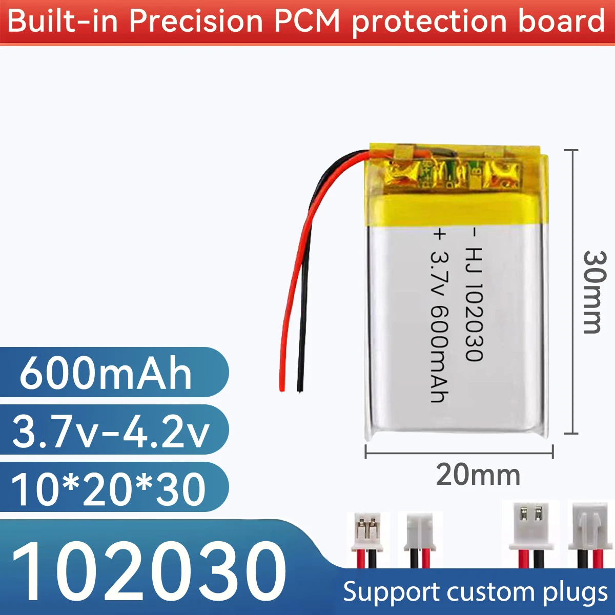 3.7V 600mah 102030 Rechargeable Li-Polymer Battery for 402030 502030 602030 702030 802030 902030+PH2.0 XH2.54 JST1.25-2P Plug