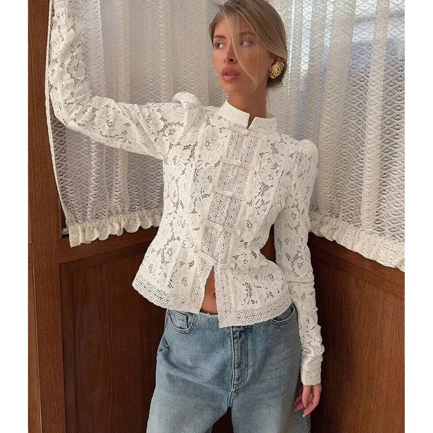 Winter nieuwe dames casual lange Sve opstaande kraag kant haak borduurwerk irt top polyestervezel dun pe dagelijks gebruik dichtgeknoopt