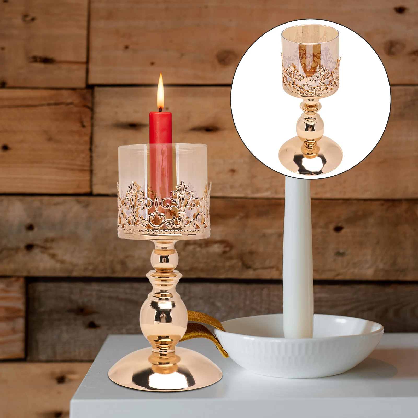

European Style Candlestick Golden Metal Holder with Removable Glass Hurricane for Christmas Home Party Decor Tall Pillar
